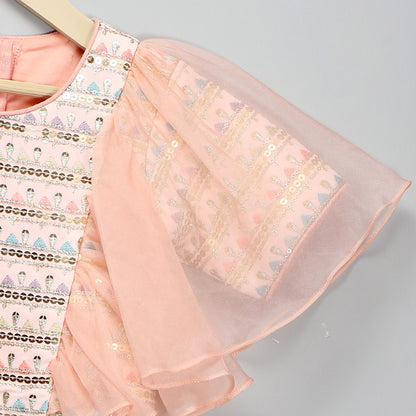 PEACH ORGANZA AND SILK FRILLY BLOUSE LEHNGA SET WITH DUPPATA