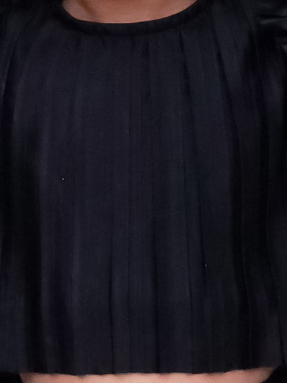 Lil Drama Poly Knit Frill Sleeves Pleated Top and Skirt - Black