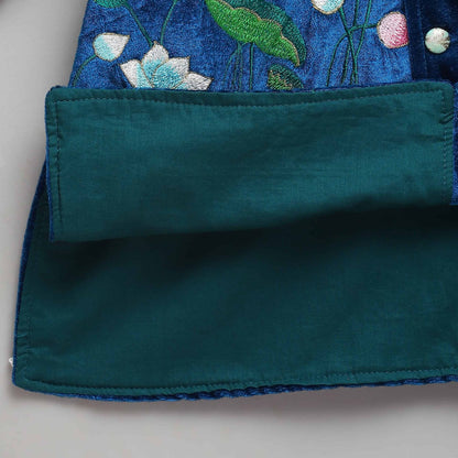 BLUE VELVET BANDHGALA EMBROIDERY SET WITH OFFWHITE TROUSERS