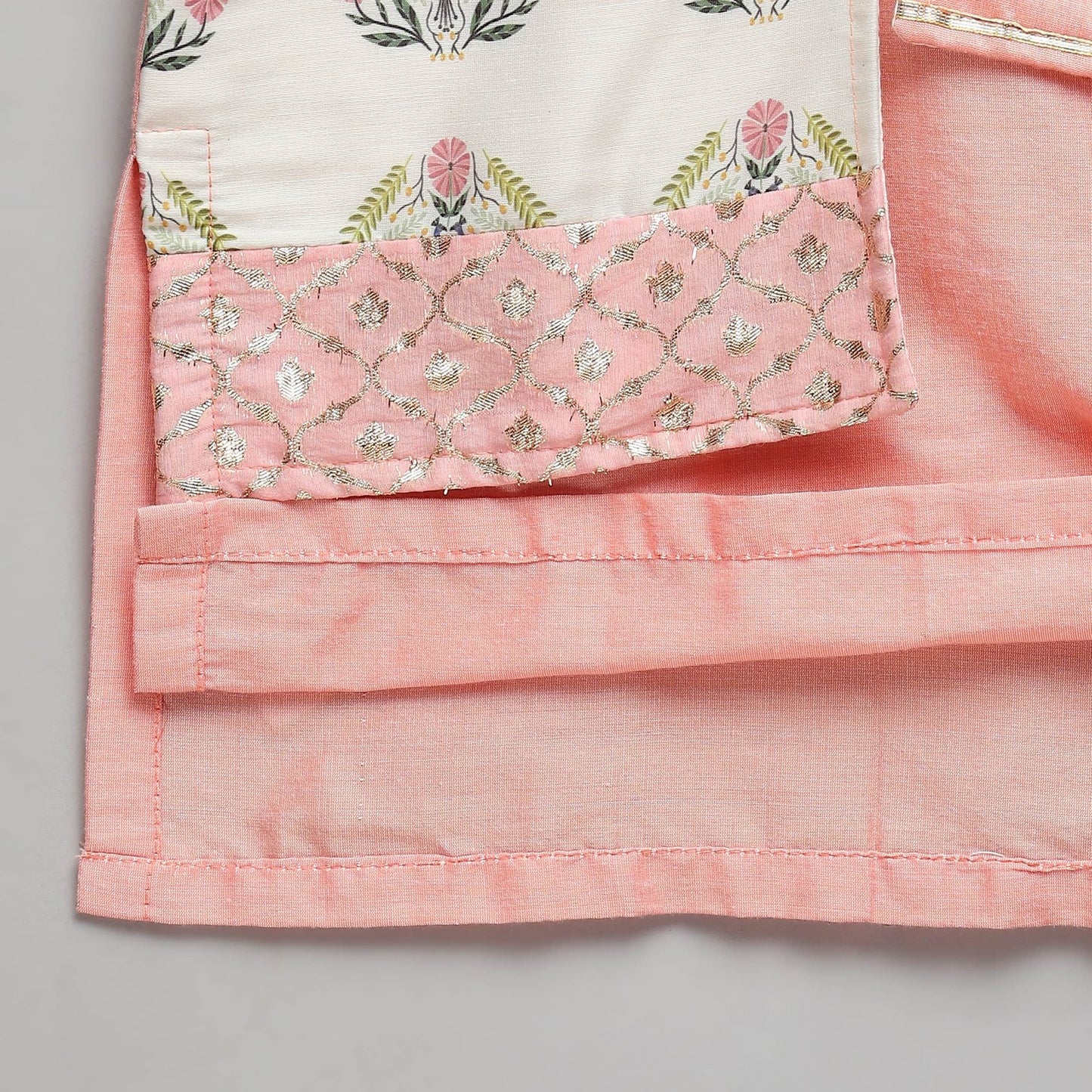 PEACH KURTA PYJAMA WITH ATTACHED PRINTED JACKET