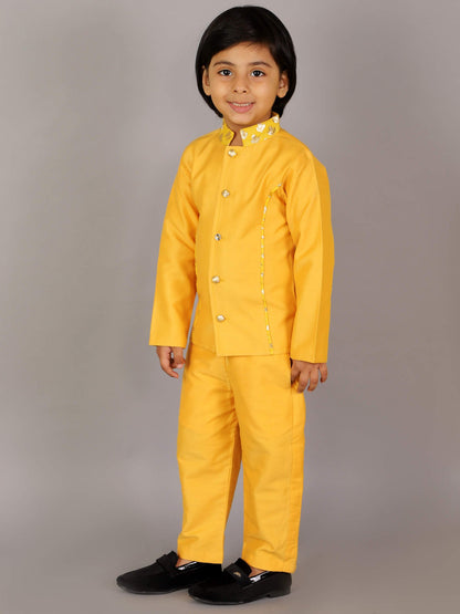 MUSTARD YELLOW SILK BANDHGALA SET