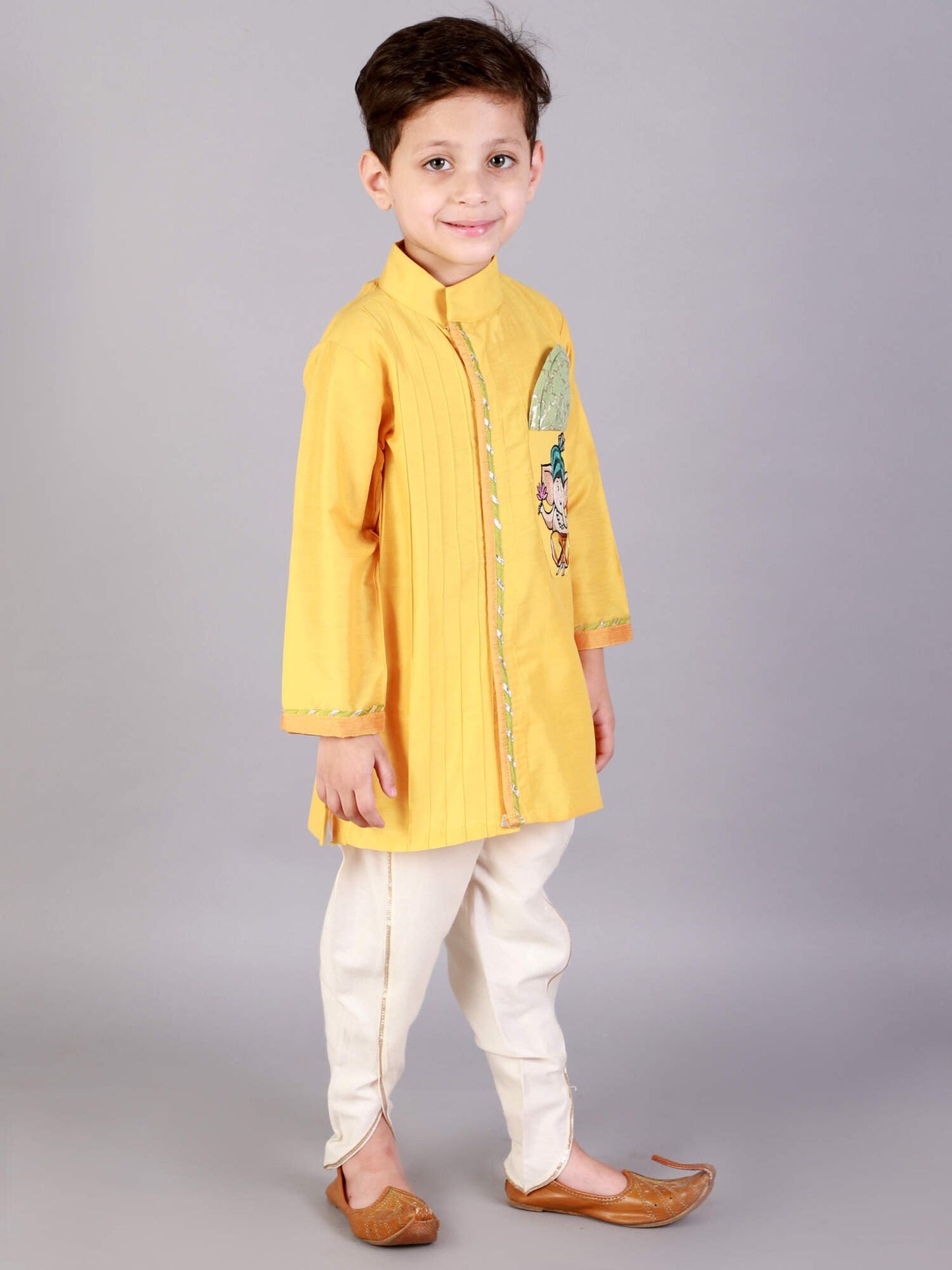 MUSTARD GANPATI EMBROIDERED KURTA DHOTI  SET