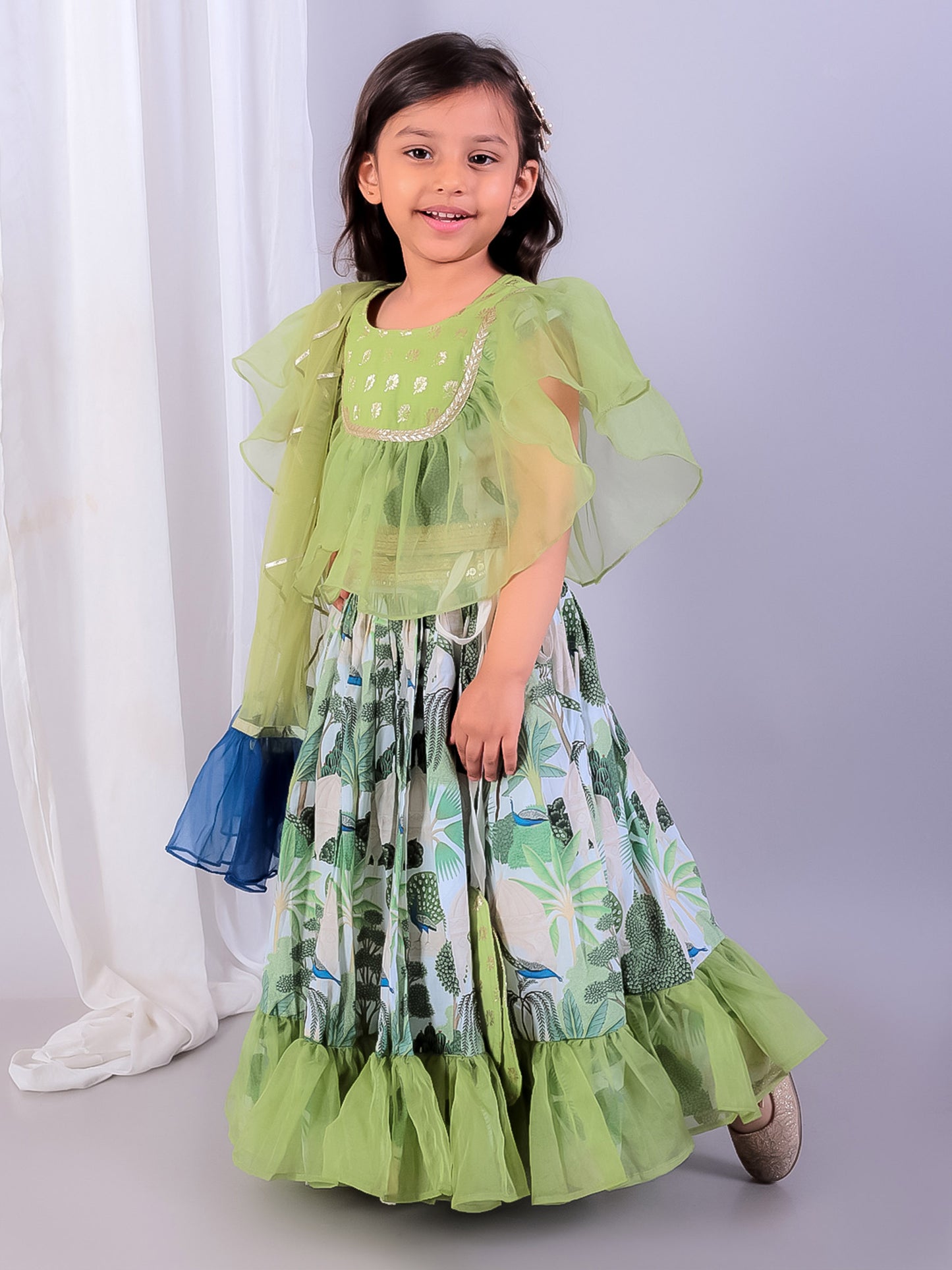 GREEN  ORGANZA FRILL PRINTED  LEHNGA SET WITH DUPPATA