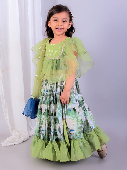 GREEN  ORGANZA FRILL PRINTED  LEHNGA SET WITH DUPPATA