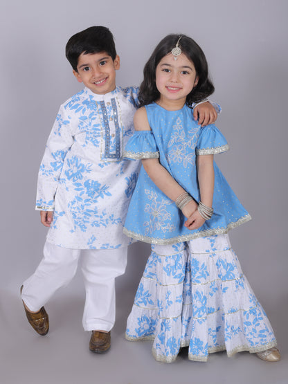 Ethnic Girls Blue Cotton Kurta with Sharara Set