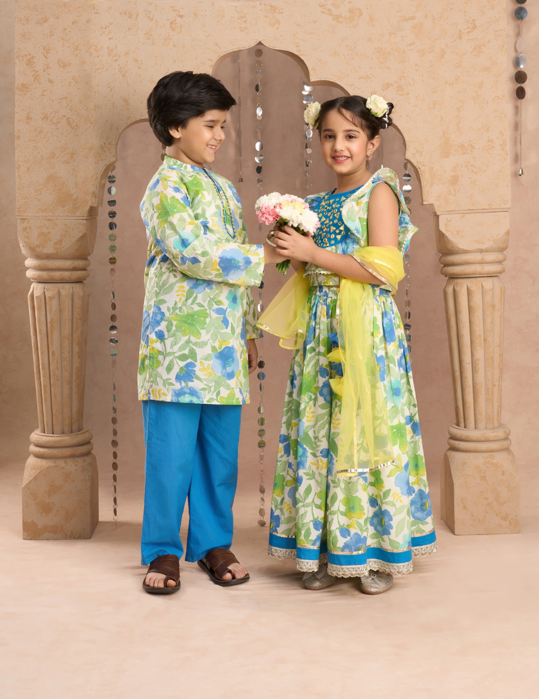 Jaipur Girls Green Cotton Lehanga and Choli with Dupata Ethnic Set