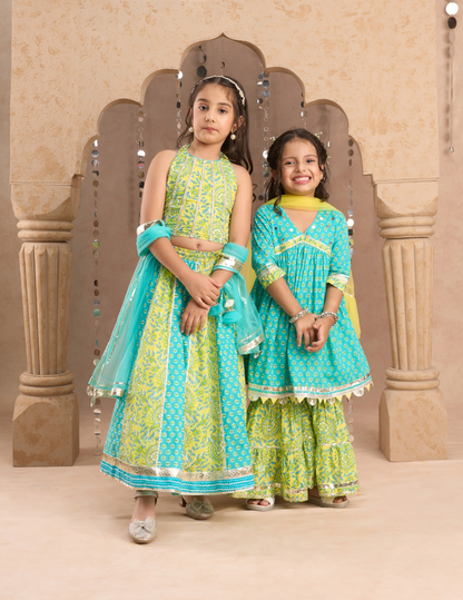 Jaipur Girls Green Cotton Kurta with Sharara with Dupata Ethnic Set