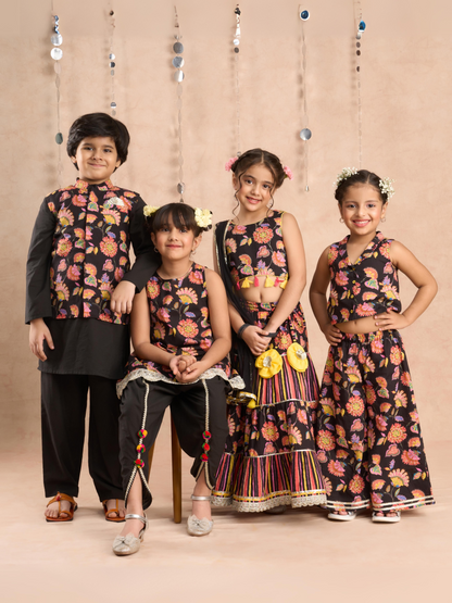 Jaipur Girls Black Cotton Kurta with Dhoti Ethnic Set