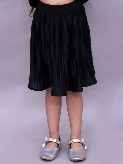 Lil Drama Poly Knit Frill Sleeves Pleated Top and Skirt - Black