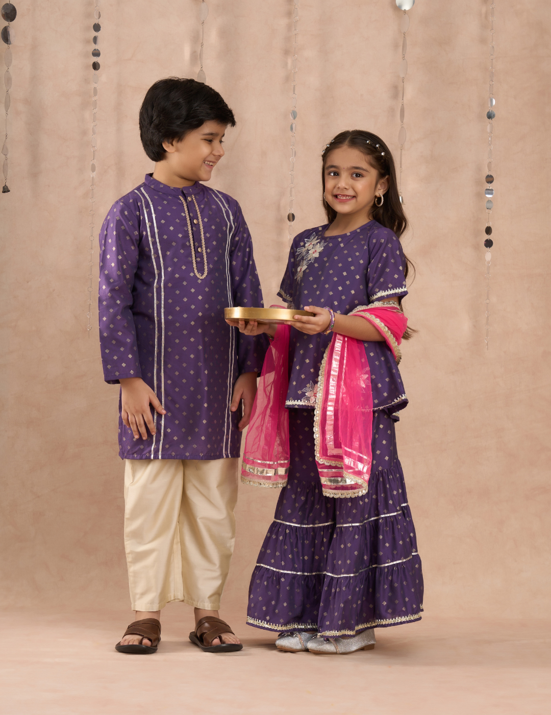 Ethnic Girls Purple Kurta with Sharara set