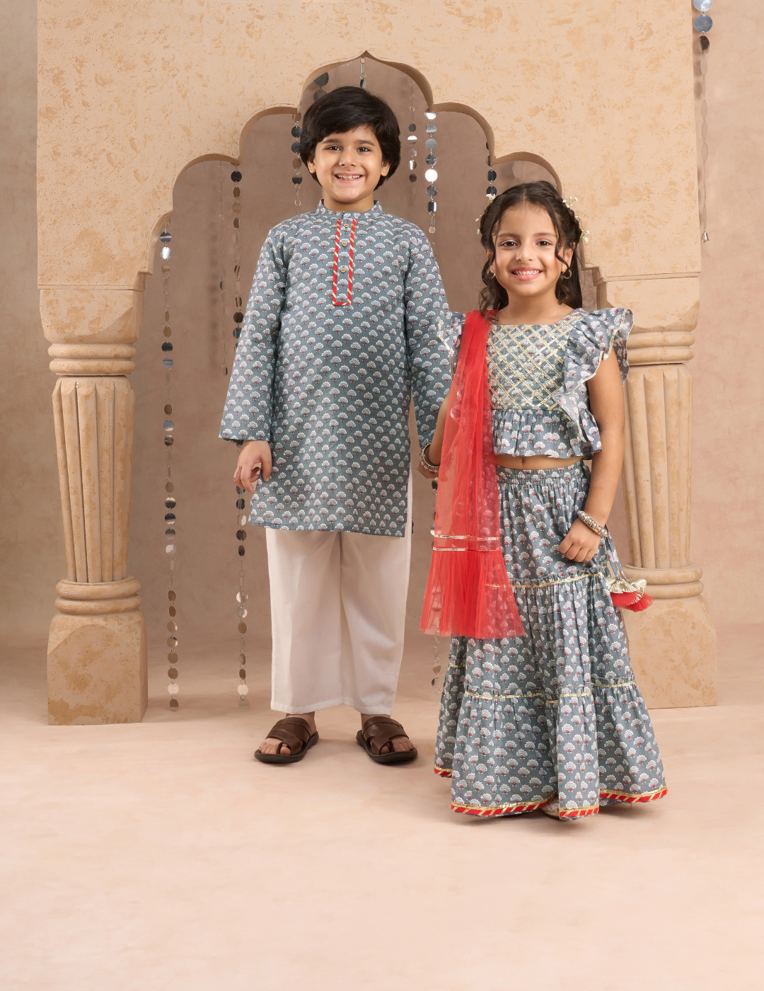 Jaipur Girls Grey Cotton Lehanga and Choli with Dupata Ethnic Set