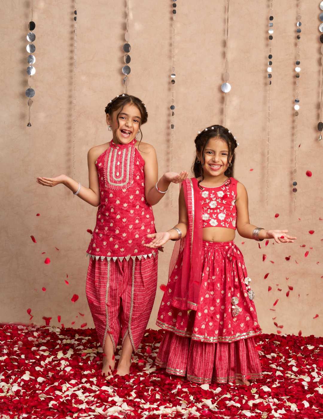 Jaipur Girls Red Cotton Kurta with Dhoti Ethnic Set