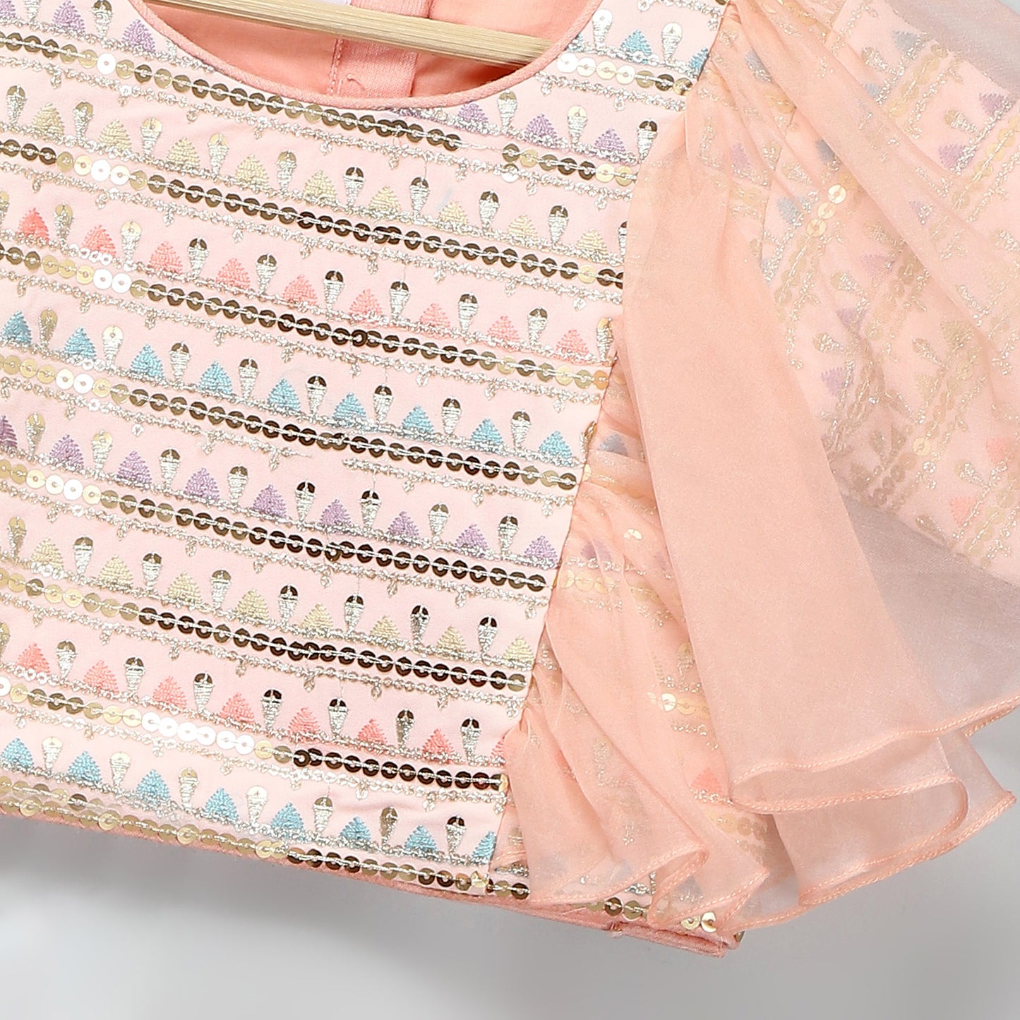 PEACH ORGANZA AND SILK FRILLY BLOUSE LEHNGA SET WITH DUPPATA