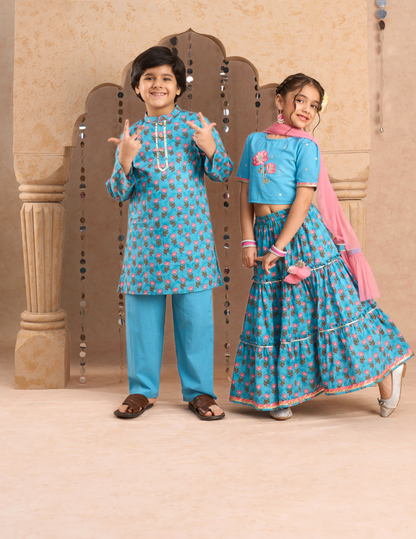 Jaipur Girls Blue Cotton Lehanga and Choli with Dupata Ethnic Set