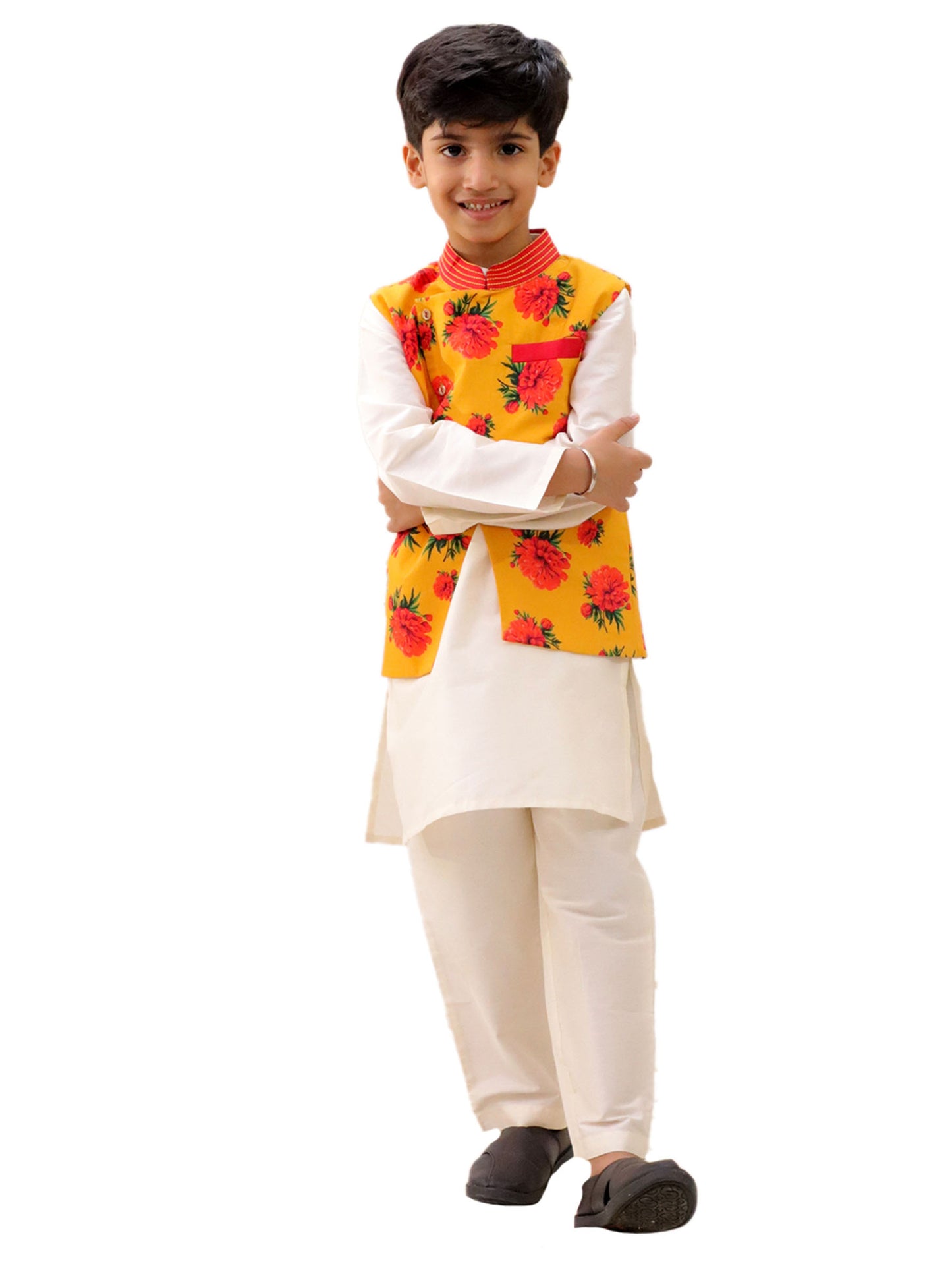 Genda Phool White Kurta and Pant with Mustard Jacket Set for Boys