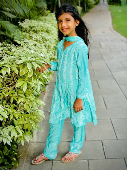 TURQUOISE CHIKANKARI ANARKALI SET