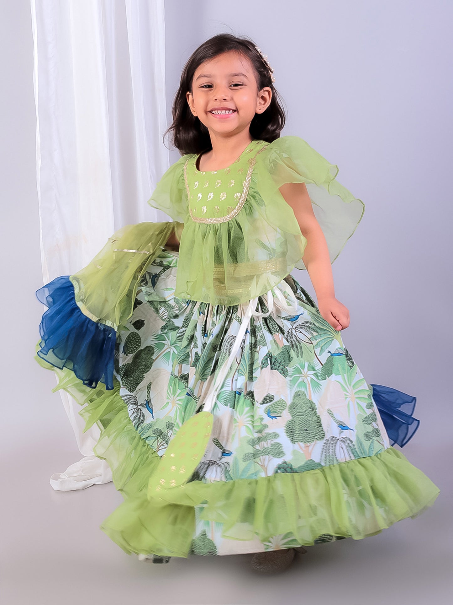 GREEN  ORGANZA FRILL PRINTED  LEHNGA SET WITH DUPPATA