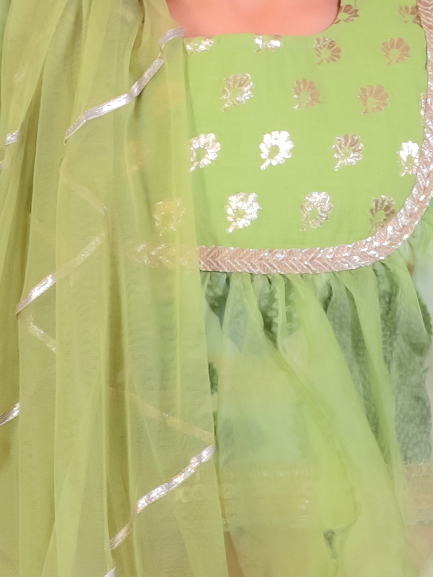 GREEN  ORGANZA FRILL PRINTED  LEHNGA SET WITH DUPPATA