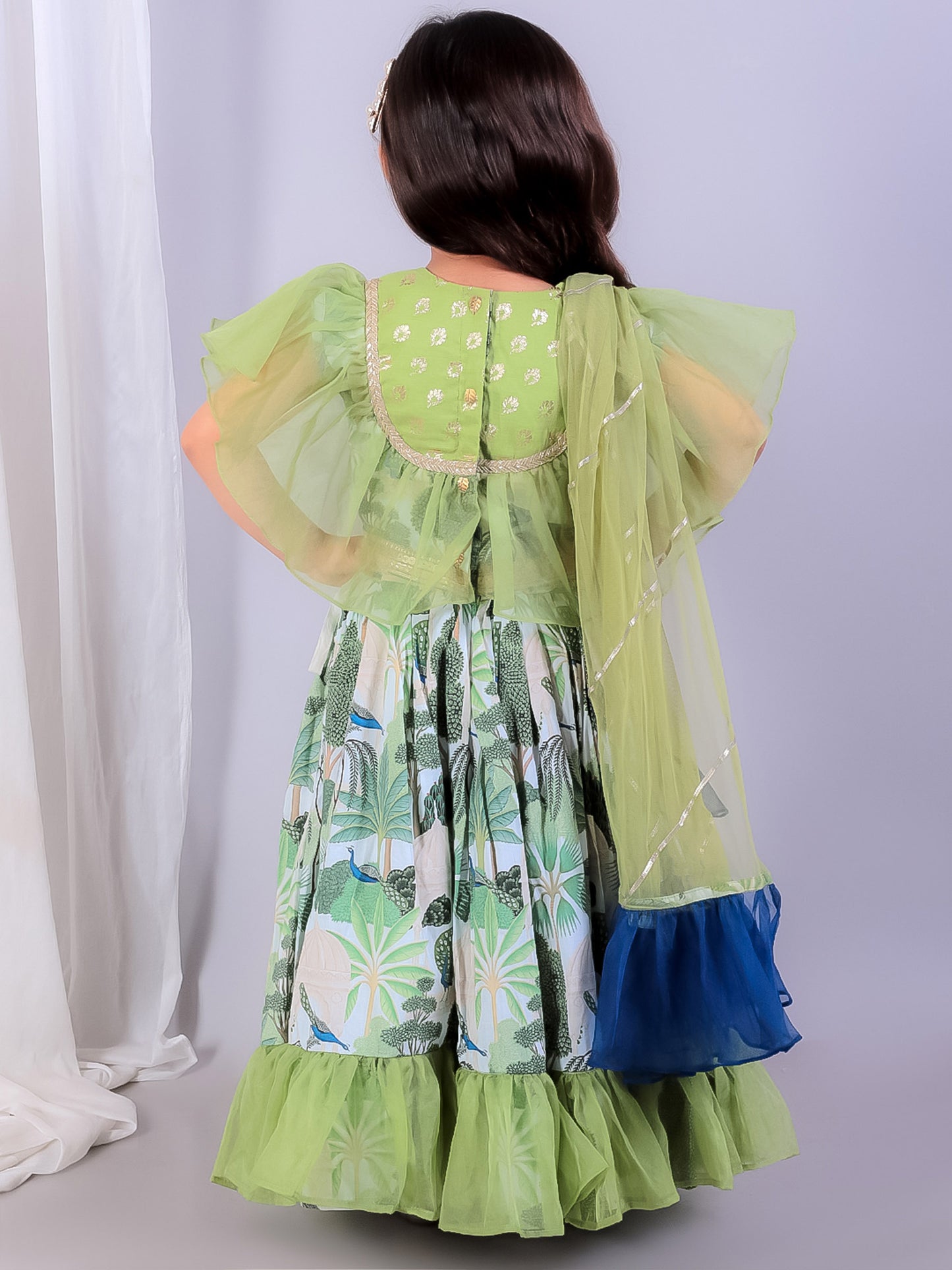 GREEN  ORGANZA FRILL PRINTED  LEHNGA SET WITH DUPPATA