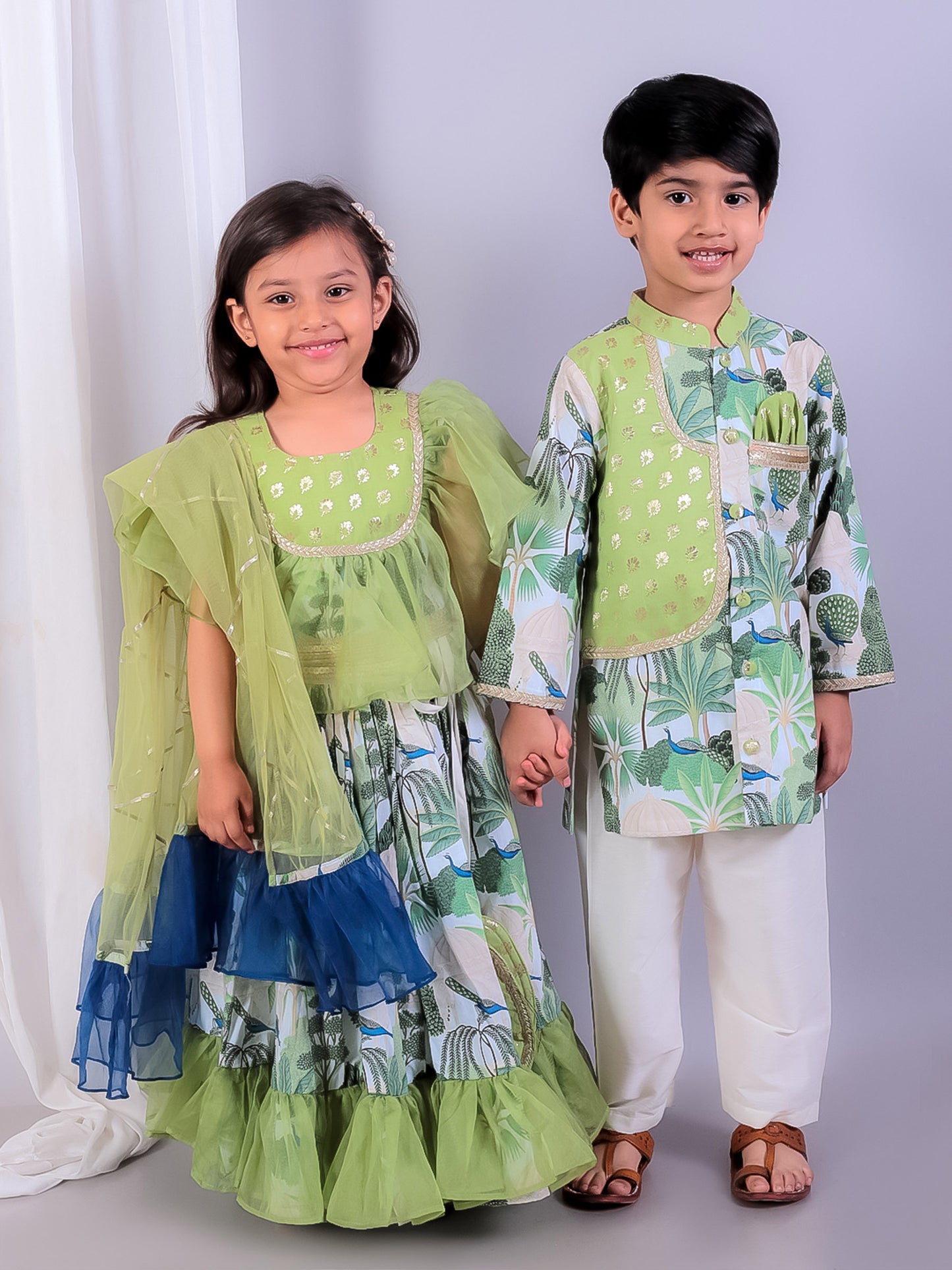 GREEN  ORGANZA FRILL PRINTED  LEHNGA SET WITH DUPPATA