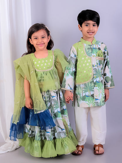 GREEN  ORGANZA FRILL PRINTED  LEHNGA SET WITH DUPPATA