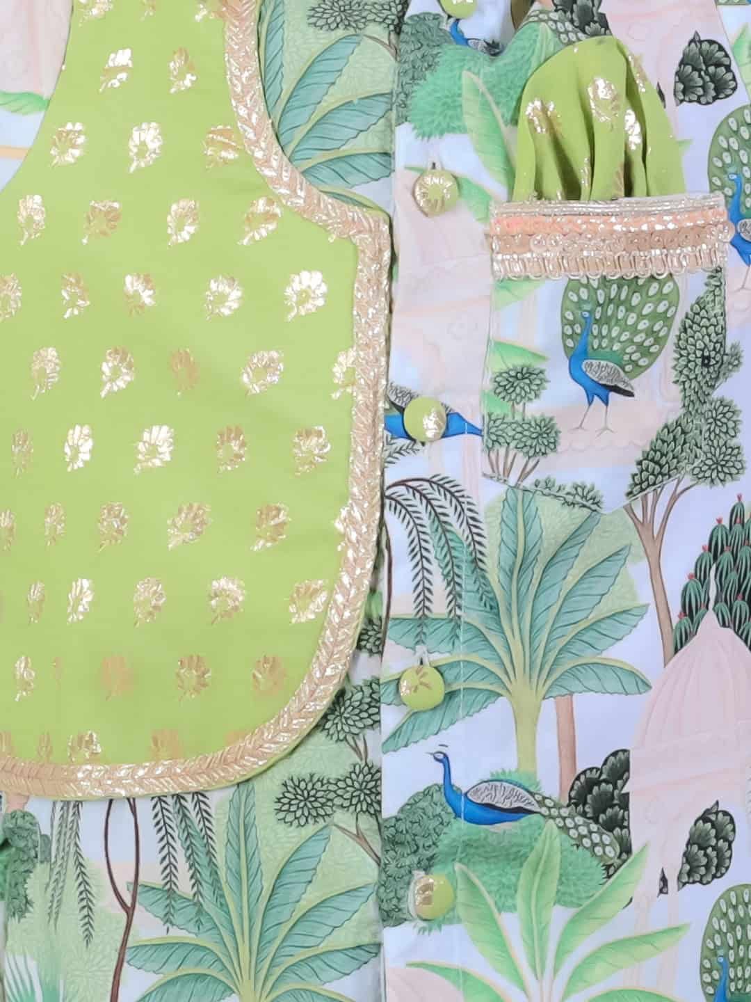 GREEN JUNGLE PRINTED KURTA PYJAMA WITH CHANDERI PANELS