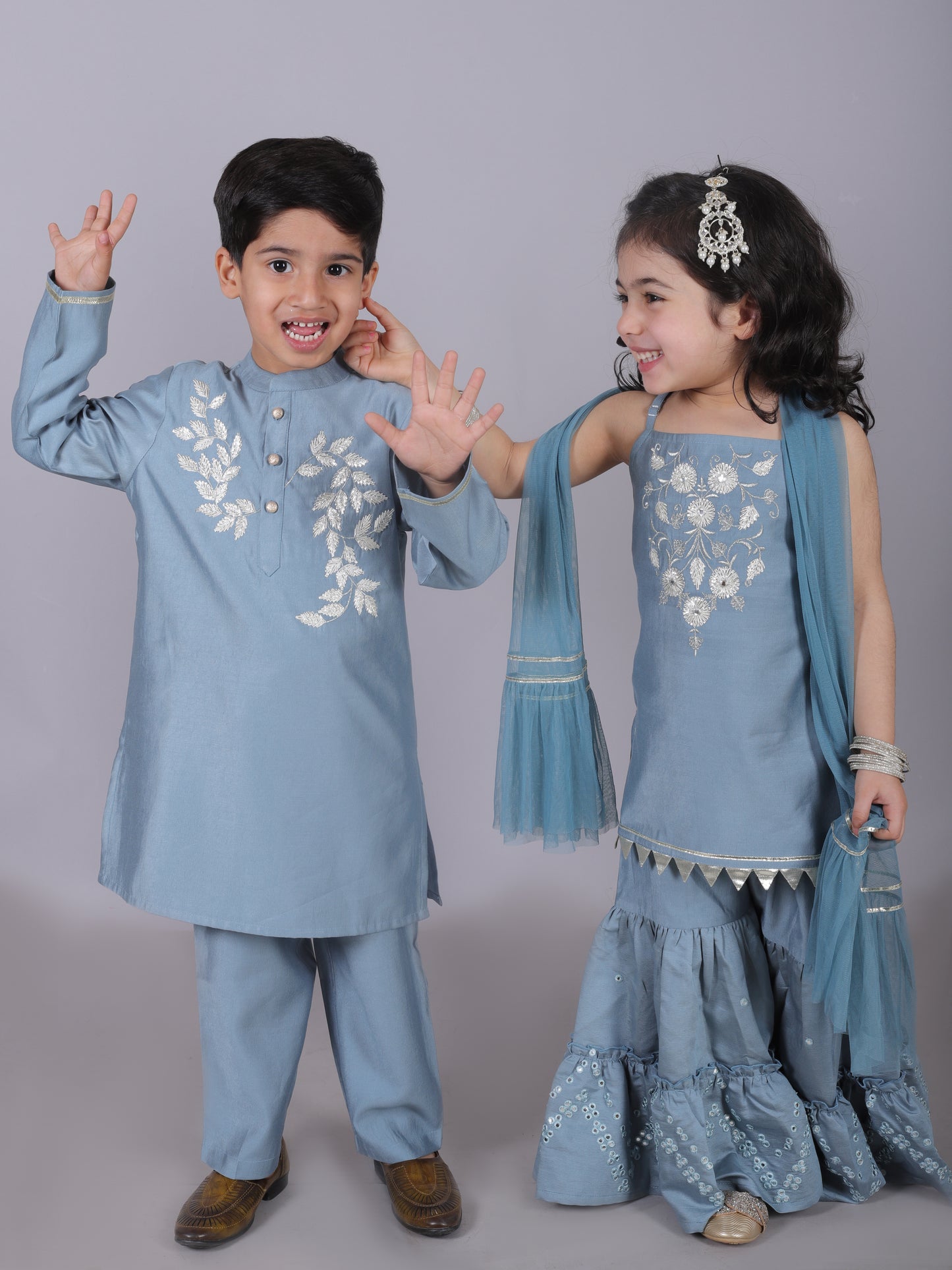 Ethnic Girls Blue Kurta with Sharara and dupatta set