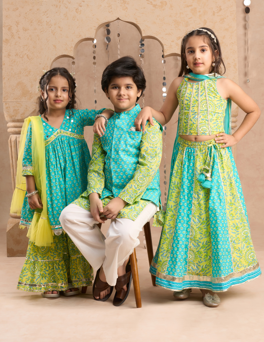 Jaipur Boys Green Kurta and Pyjama with Jacket Ethnic Set