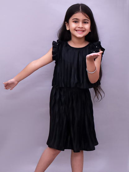Lil Drama Poly Knit Frill Sleeves Pleated Top and Skirt - Black