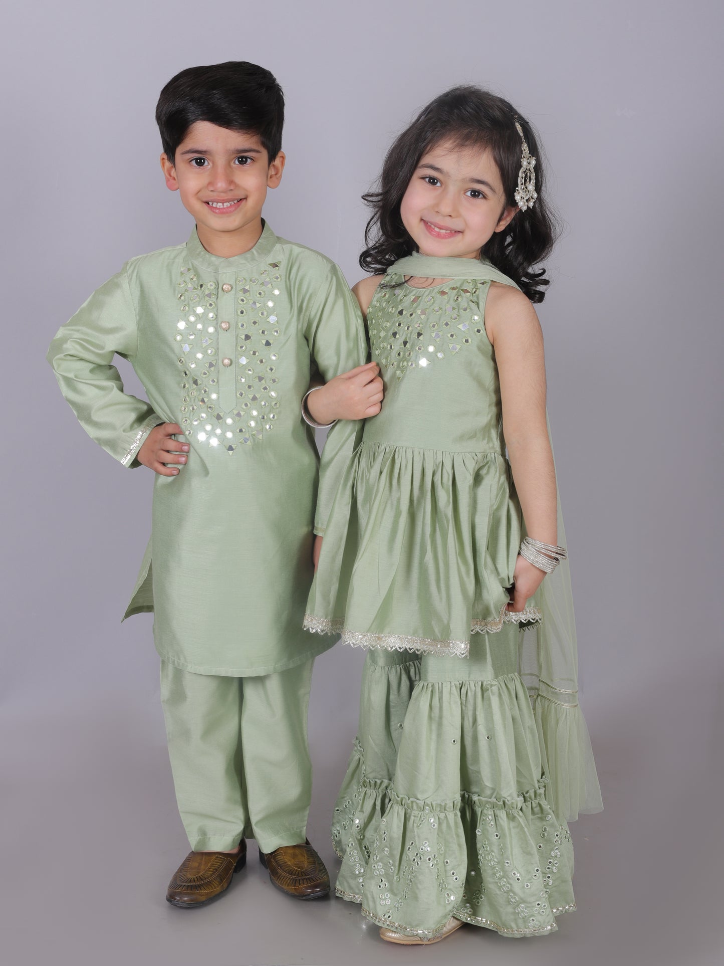 Ethnic Girls Green Kurta with Sharara and dupatta set