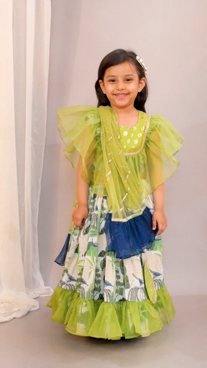 GREEN  ORGANZA FRILL PRINTED  LEHNGA SET WITH DUPPATA