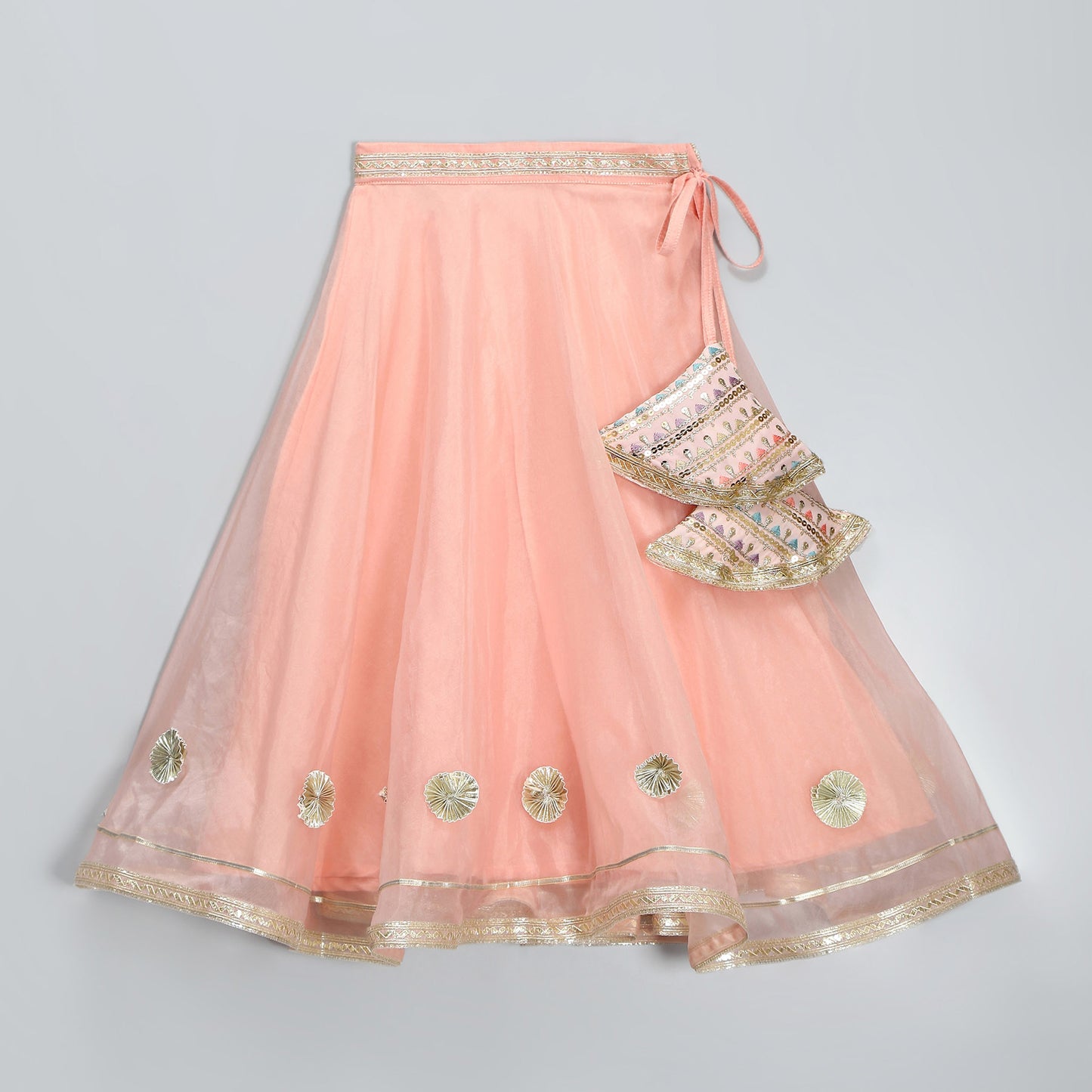 PEACH ORGANZA AND SILK FRILLY BLOUSE LEHNGA SET WITH DUPPATA
