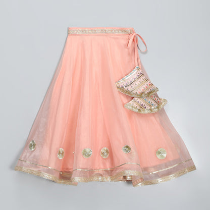 PEACH ORGANZA AND SILK FRILLY BLOUSE LEHNGA SET WITH DUPPATA