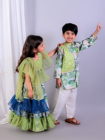 GREEN  ORGANZA FRILL PRINTED  LEHNGA SET WITH DUPPATA