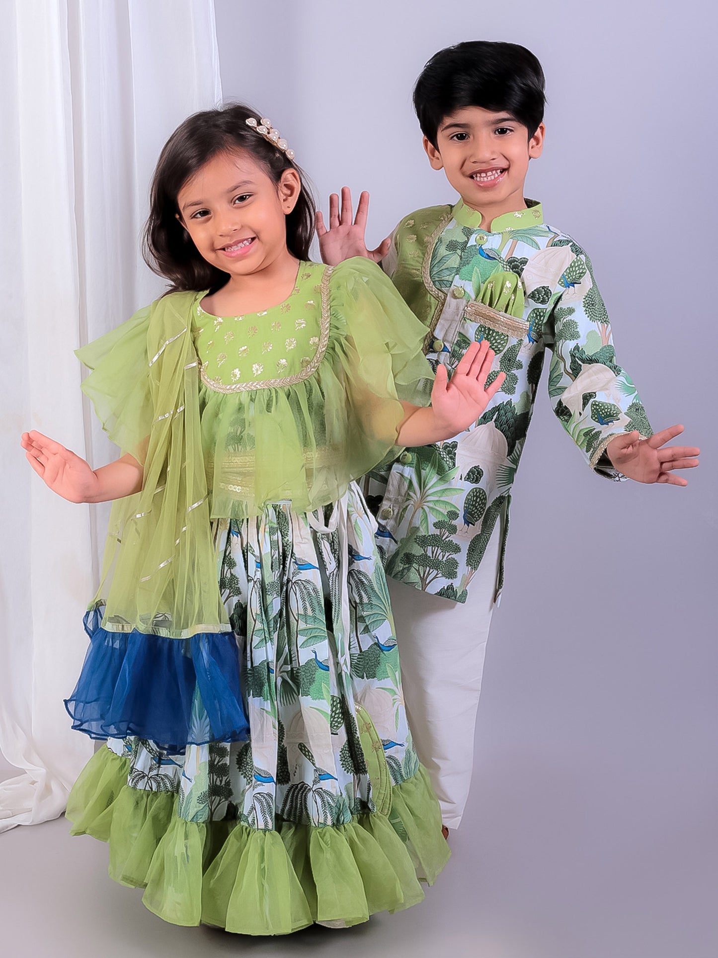 GREEN  ORGANZA FRILL PRINTED  LEHNGA SET WITH DUPPATA