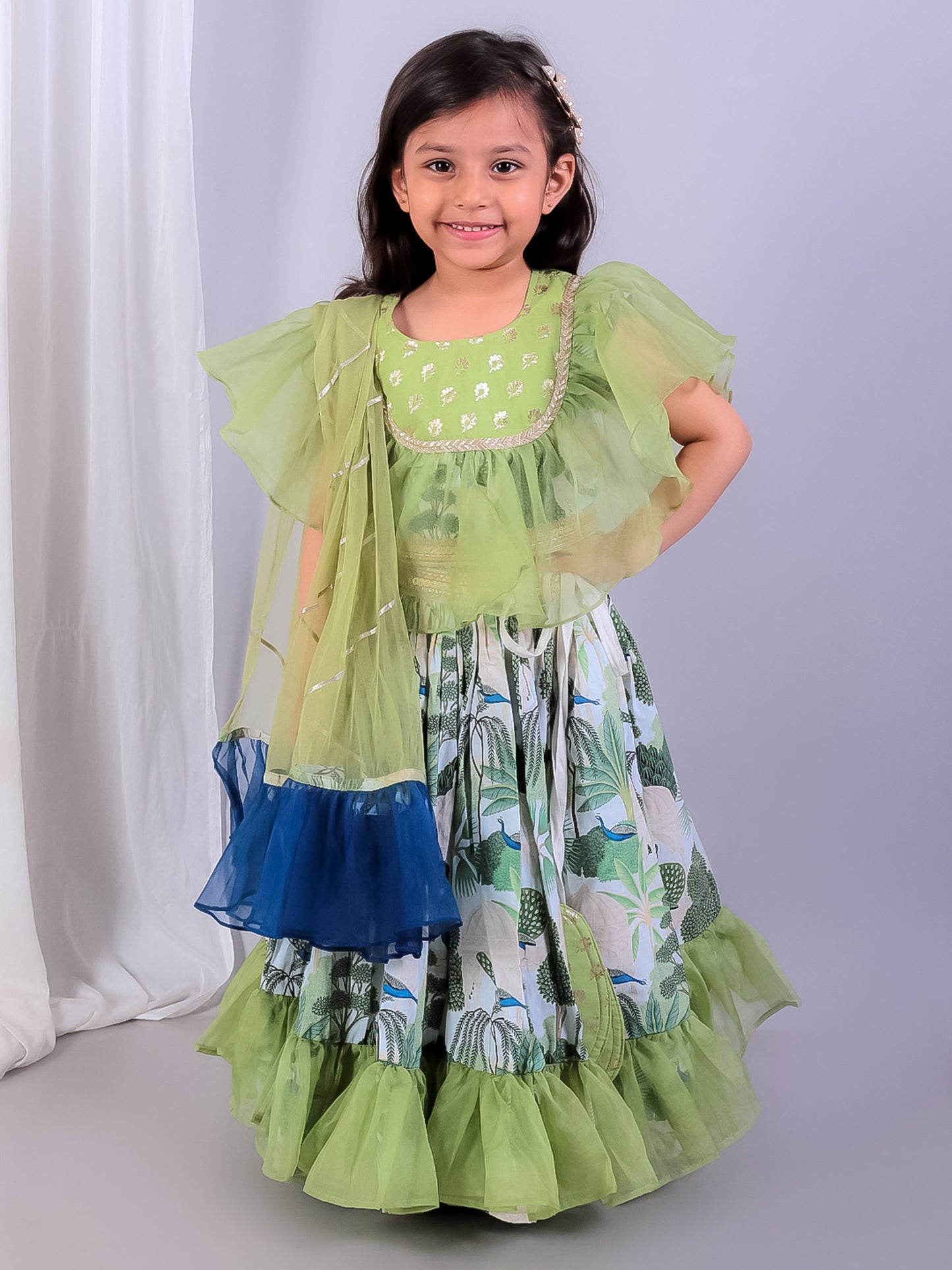 GREEN  ORGANZA FRILL PRINTED  LEHNGA SET WITH DUPPATA