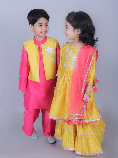 Ethnic Boys Pink Kurta with Pant and Jacket set