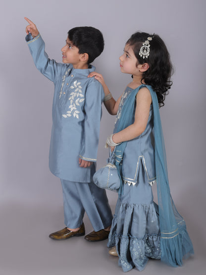 Ethnic Girls Blue Kurta with Sharara and dupatta set