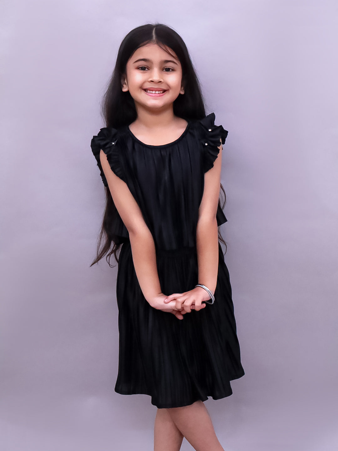 Lil Drama Poly Knit Frill Sleeves Pleated Top and Skirt - Black