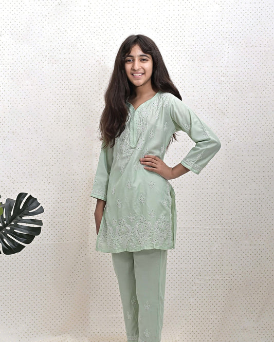 PISTA GREEN CHIKANKARI SUIT SET