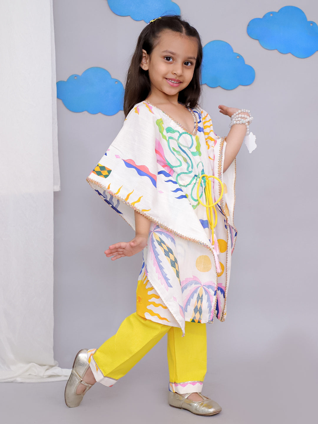 Yellow Sun Print Kaftan Kurta Set