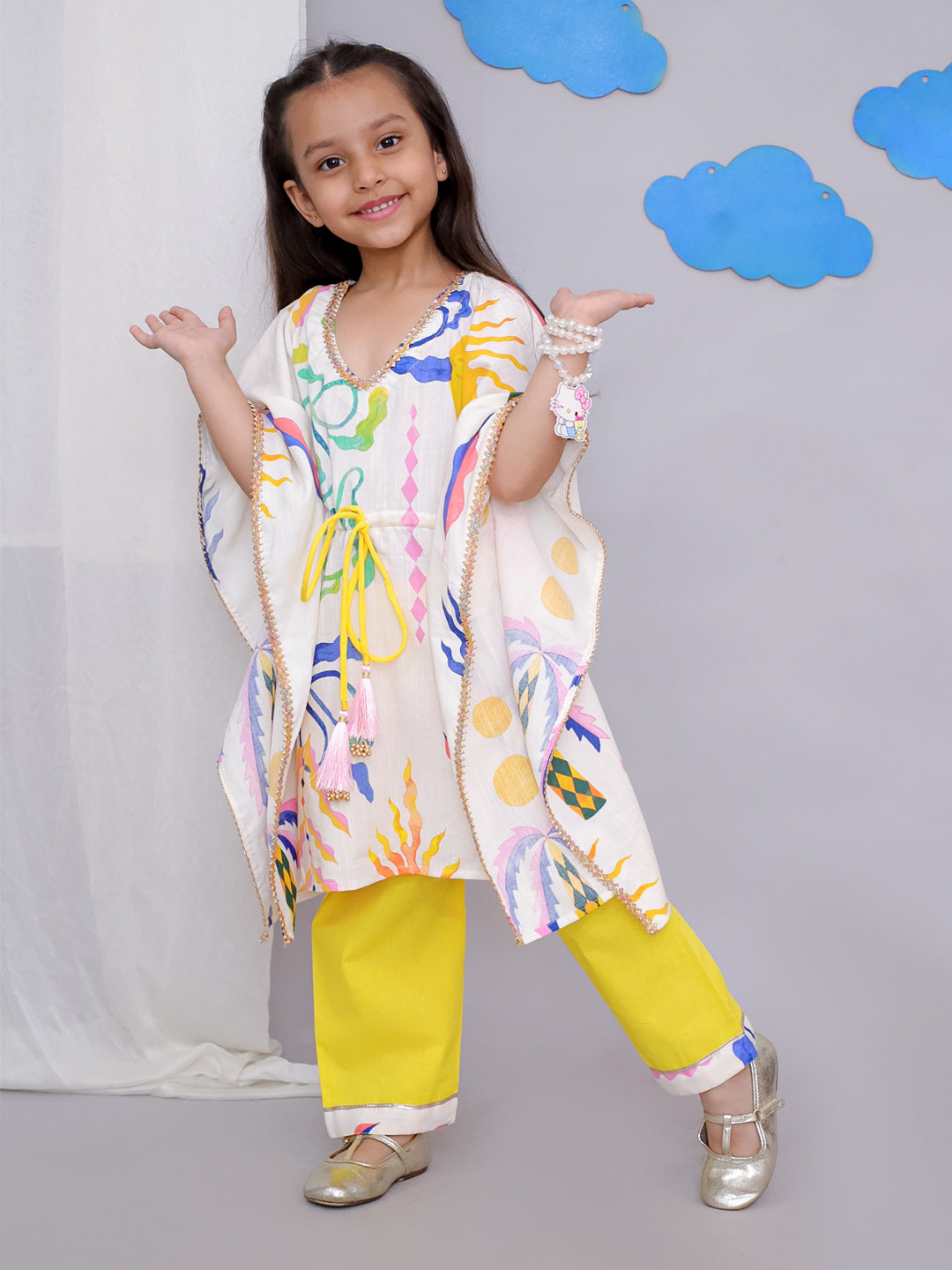 Yellow Sun Print Kaftan Kurta Set