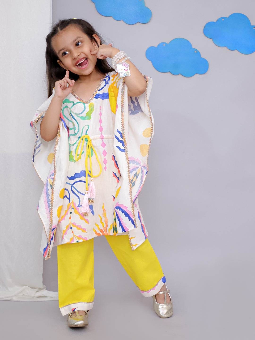 Yellow Sun Print Kaftan Kurta Set