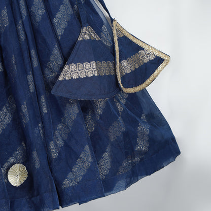 BLUE CHANDERI FRILL BLOUSE LEHNGA SET
