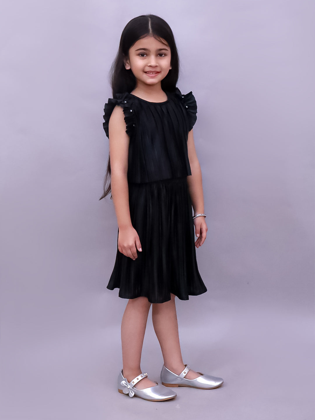 Lil Drama Poly Knit Frill Sleeves Pleated Top and Skirt - Black