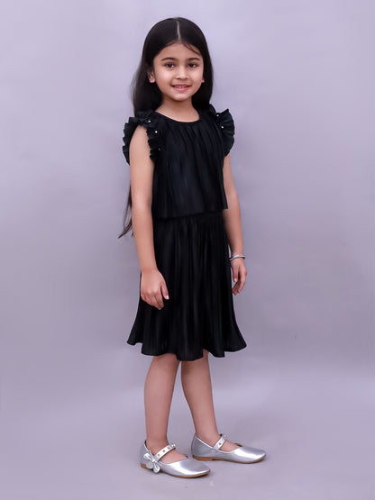 Lil Drama Poly Knit Frill Sleeves Pleated Top and Skirt - Black