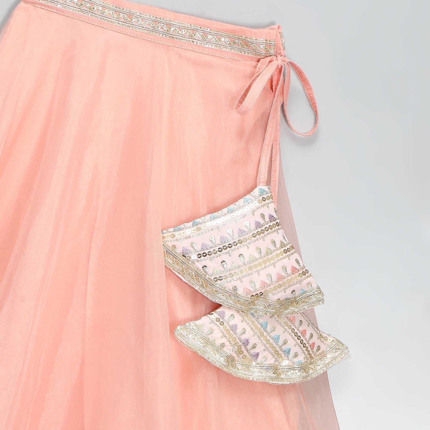 PEACH ORGANZA AND SILK FRILLY BLOUSE LEHNGA SET WITH DUPPATA