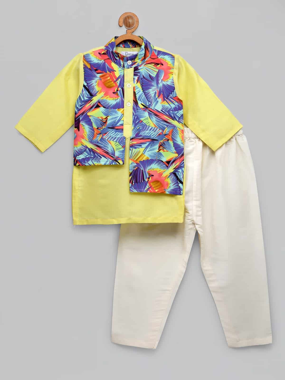 LIME YELLOW KURTA WITH PRINTED JACKET ATTACHED KURTA PYJAMA