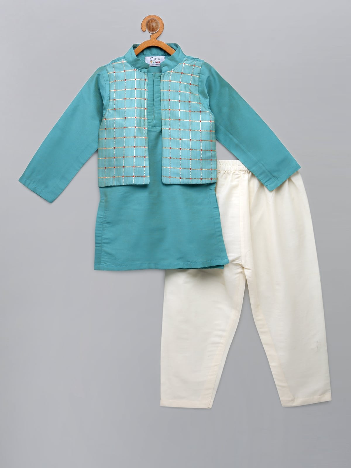 BLUE  KURTA WITH CHECK ATTACHED JACKET AND PYJAMA