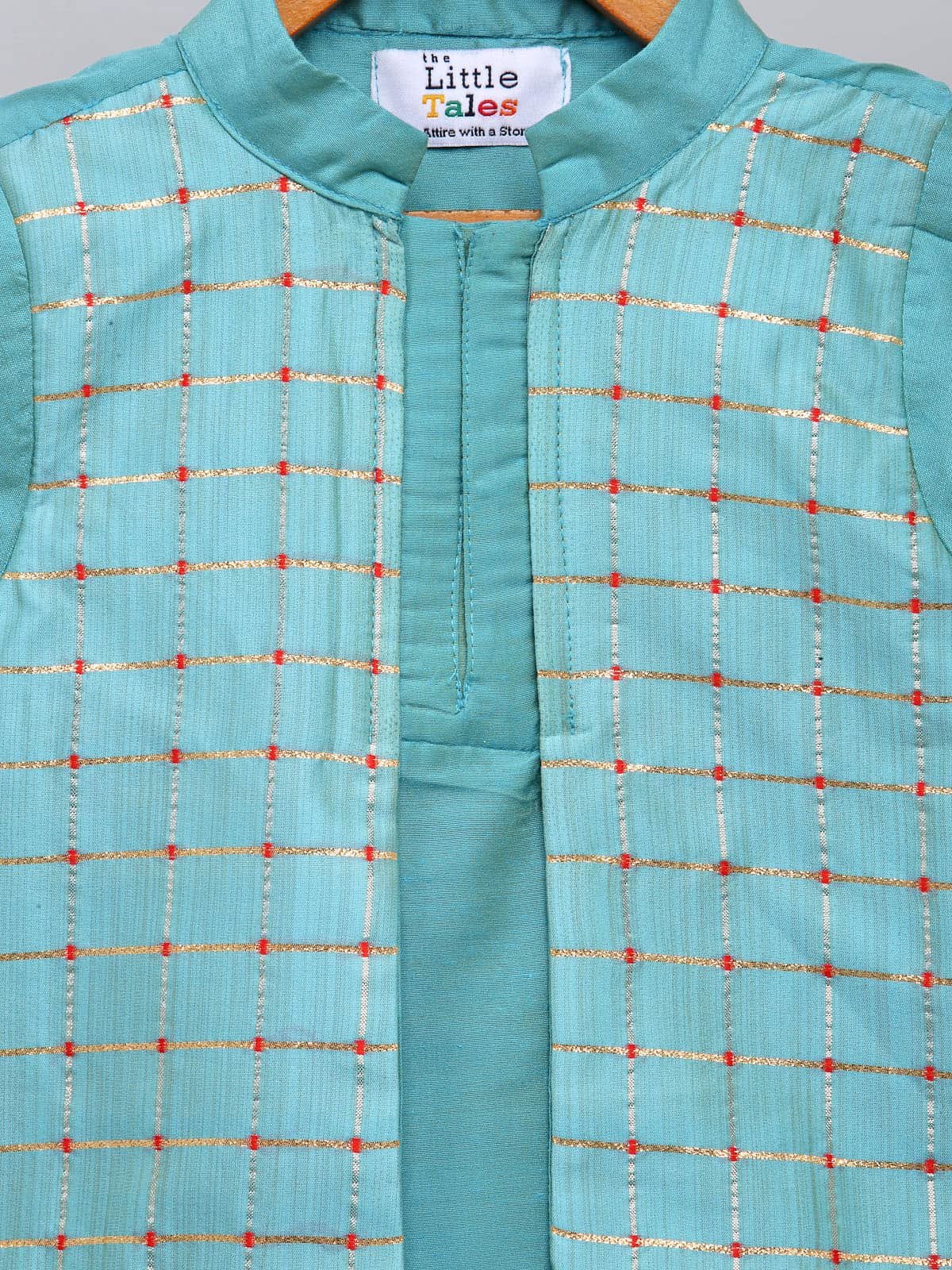 BLUE  KURTA WITH CHECK ATTACHED JACKET AND PYJAMA